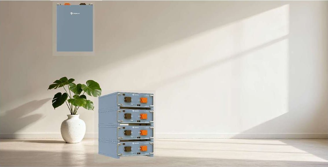 ASW5120-LB-E lithium battery: one wall-mounted module and a stack of four floor-standing modules in a bright room next to a potted plant