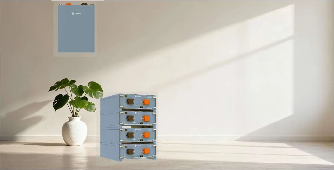 OAX ASW5120-LB-E battery: one wall-mounted module and a stack of four floor-standing modules in a bright room